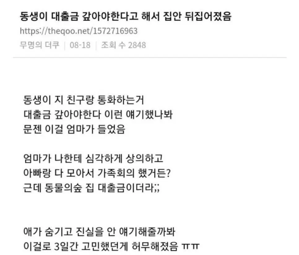 동생이 대출금 갚아야 한다고 해서 집안 뒤집어졌음
